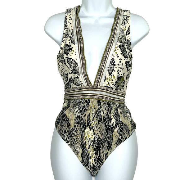 Ted Baker S Womens Babita Snakeskin Print Swimsuit Deep V Pool Resort *flaw - Picture 2 of 12